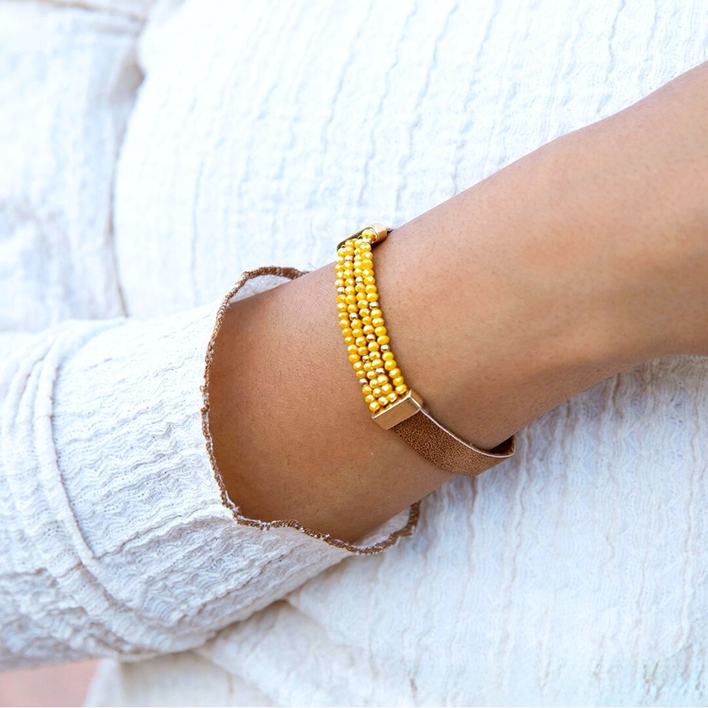 NEW Yellow Beaded Bracelet with Leather Magnetic Band
